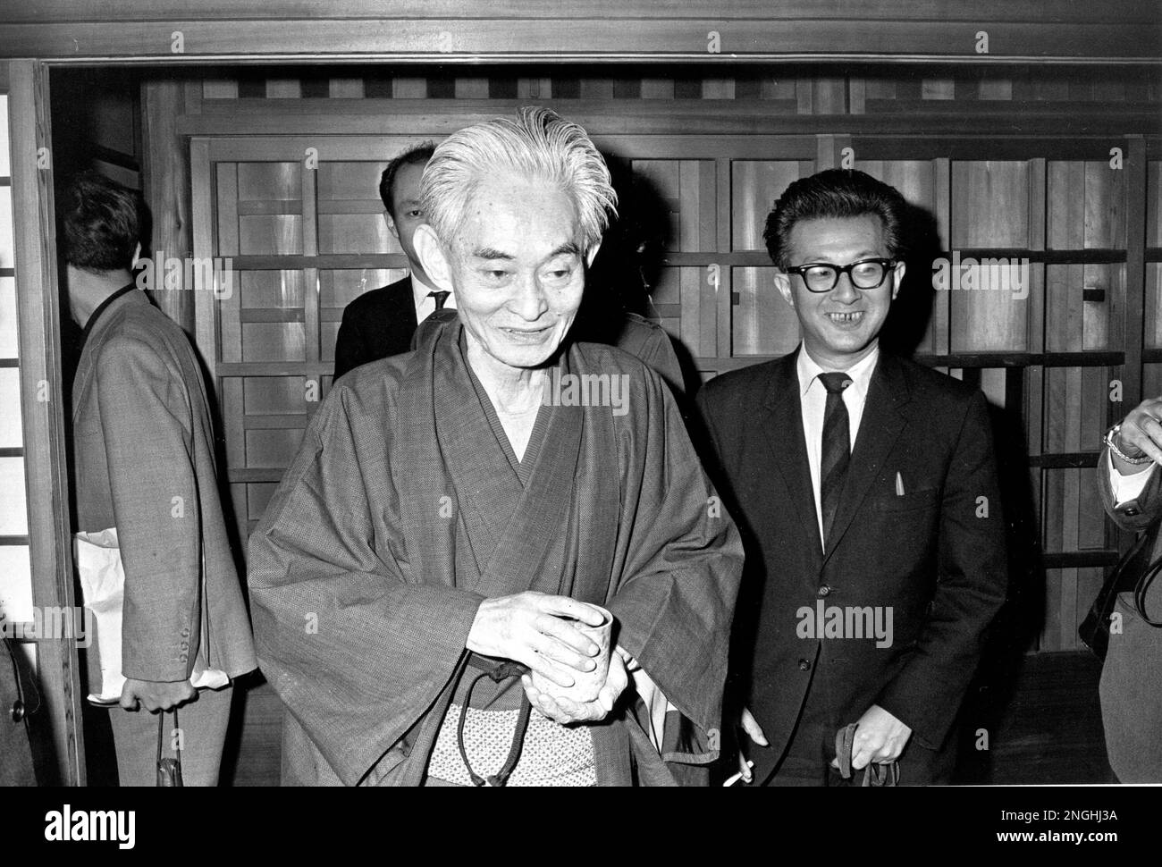 Yasunari Kawabata, 69, winner of the 1968 Nobel Prize in literature, talks  with news reporters at his home in Kamakura, Japan, on Oct. 17, 1968.  Kawabata is the first Japanese writer to